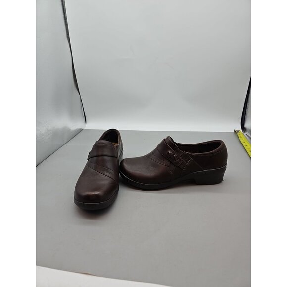 Clarks Women's Genette Arc Clog Size 9.5 W Brown Leather Block Heel Loafer Comfy - Picture 1 of 8